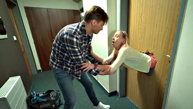 Naughty hostel babe takes on two guys at once, then gets spitroasted on the slopes