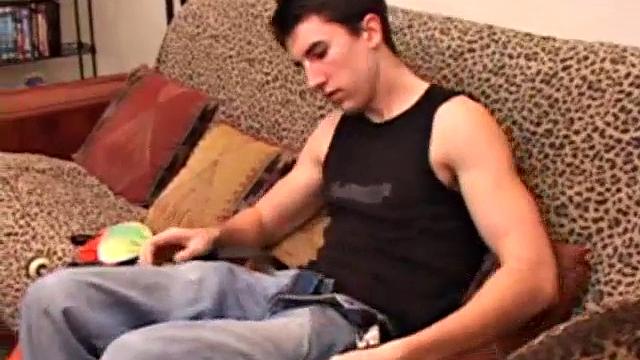 After returning from skateboarding JP pops in a porn video and begins stroking his cock. A little spit helps get it hard and he works his cock until he pumps out a nice load of warm cum onto his belly.