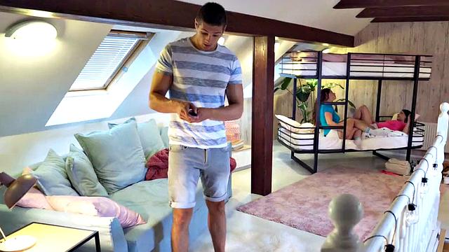 Hostel bigbooty babes banged in 3some by owner