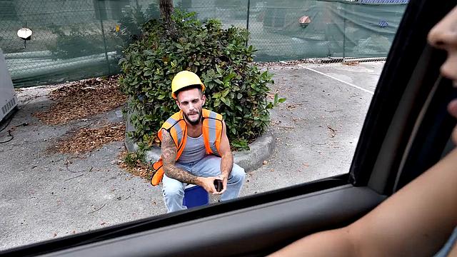 Pulled jock fucks gaydaddy bottom in public outdoor van