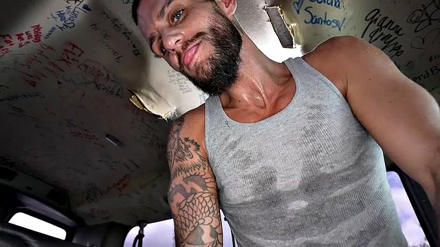 Pulled jock fucks gaydaddy bottom in public outdoor van