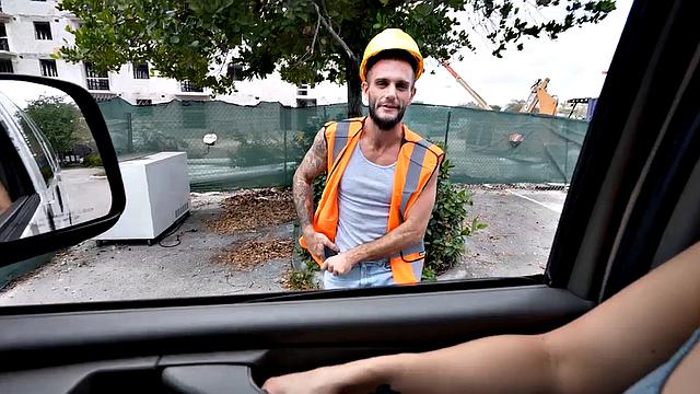 Pulled jock fucks gaydaddy bottom in public outdoor van