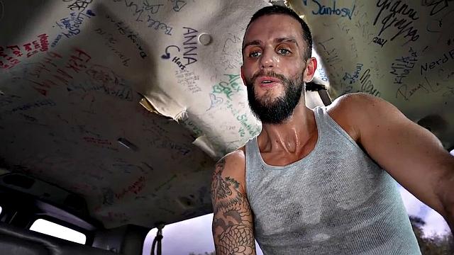 Pulled jock fucks gaydaddy bottom in public outdoor van