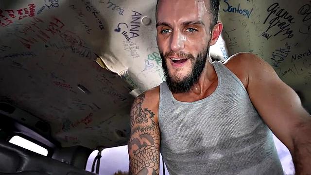 Pulled jock fucks gaydaddy bottom in public outdoor van