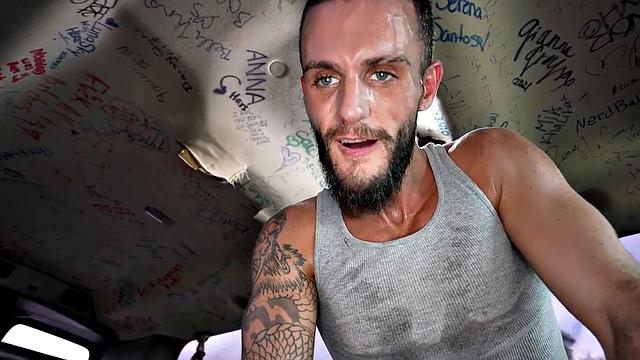 Pulled jock fucks gaydaddy bottom in public outdoor van