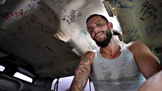 Pulled jock fucks gaydaddy bottom in public outdoor van