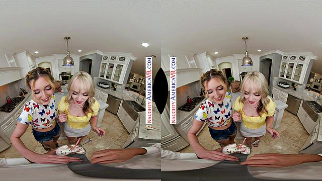 Naughty coeds, Katie Kinz and Lilly Bell, enjoy a creamy sundae with their friend's dad