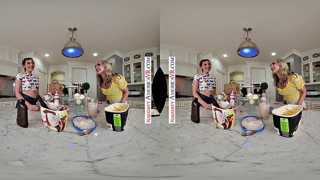 Naughty coeds, Katie Kinz and Lilly Bell, enjoy a creamy sundae with their friend's dad