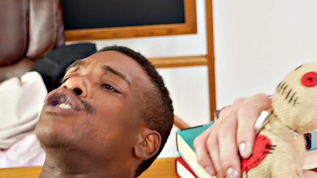 Mesmerized hunk fucks Black stud in classroom trio