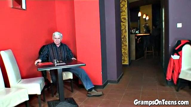 Naughty teen rides grandpa in bar