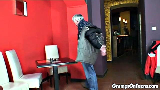 Naughty teen rides grandpa in bar
