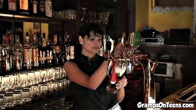 Naughty teen rides grandpa in bar