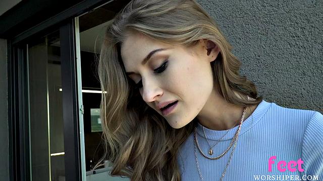 Foot-licked petite babe banged by BF