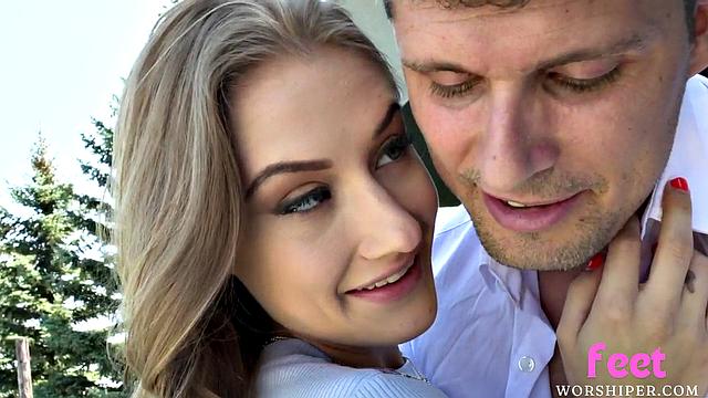 Foot-licked petite babe banged by BF