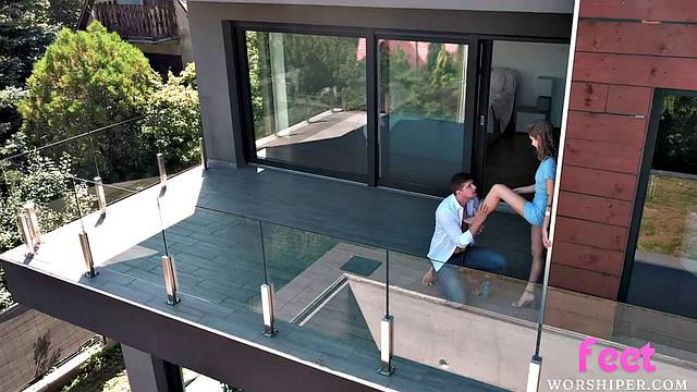 Foot-licked petite babe banged by BF