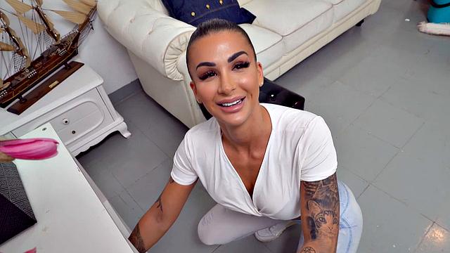 Inked babe gets POV doggystyled by boss after blwjob