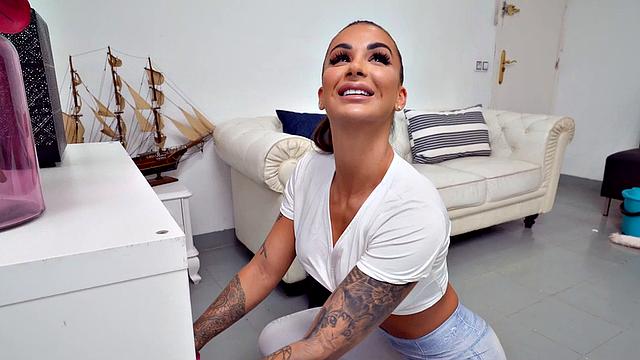 Inked babe gets POV doggystyled by boss after blwjob