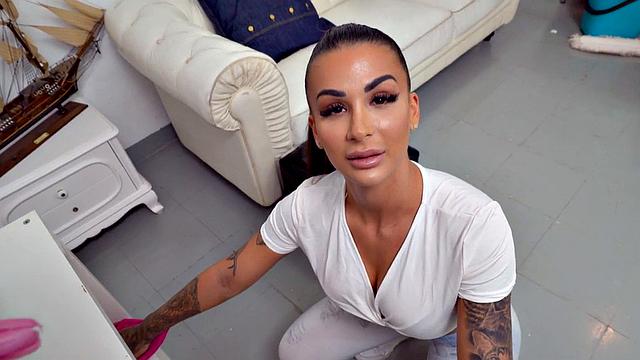 Inked babe gets POV doggystyled by boss after blwjob