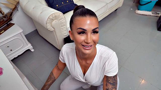 Inked babe gets POV doggystyled by boss after blwjob