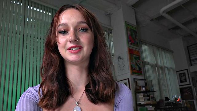 Petite redhead tugging cock