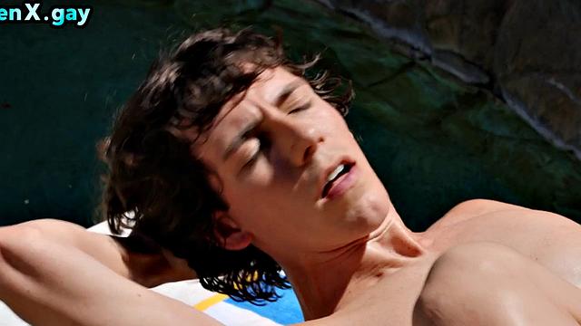 Manly jock barebacks skinny twink by the swimming pool