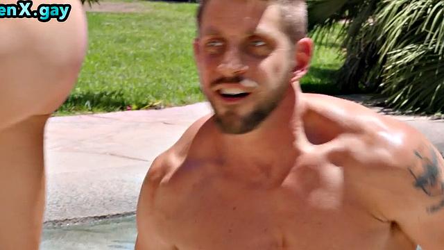 Manly jock barebacks skinny twink by the swimming pool