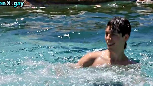 Manly jock barebacks skinny twink by the swimming pool