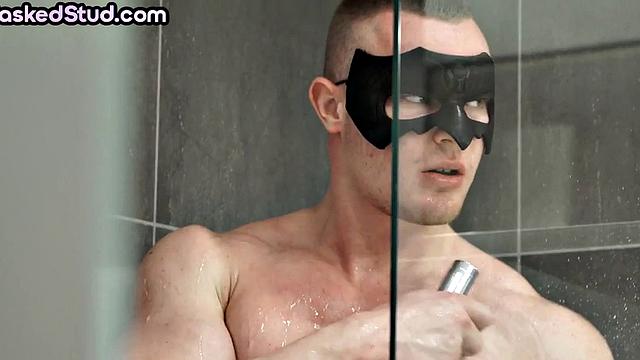 Masked solo jock wanks his hard rod before shower time