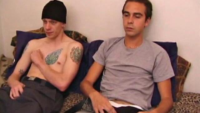 Shane and Vincenzo on the bed, with the goal to end up covering each other's faces in cum. They start watching a porn video and rub their stiff cocks through their pants. The clothes become too restraining and soon they come off.