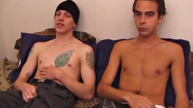 Shane and Vincenzo on the bed, with the goal to end up covering each other's faces in cum. They start watching a porn video and rub their stiff cocks through their pants. The clothes become too restraining and soon they come off.