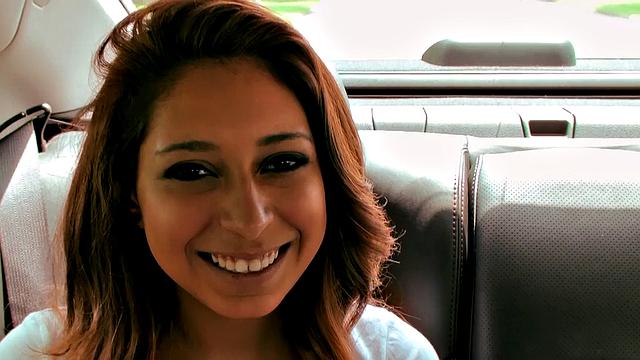Petite Sarai gets her tight pussy fingered in hot car missionary and facial