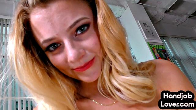 Blonde babe gives handjob to lover