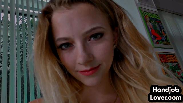 Blonde babe gives handjob to lover