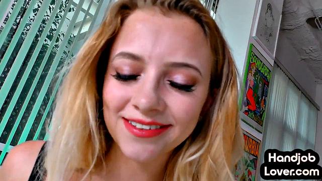 Blonde babe gives handjob to lover