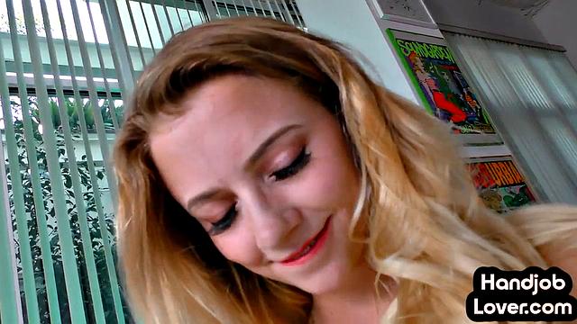 Blonde babe gives handjob to lover