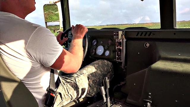 Army jock ass drilled outdoors on military truck by colleague