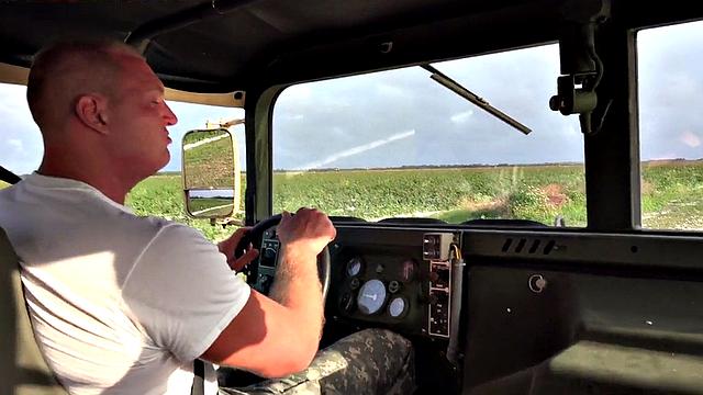 Army jock ass drilled outdoors on military truck by colleague