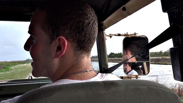 Army jock ass drilled outdoors on military truck by colleague