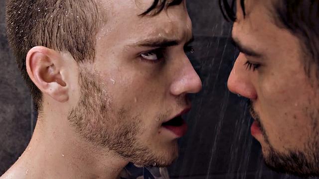 Athletic guy barebacks inked stud after shower