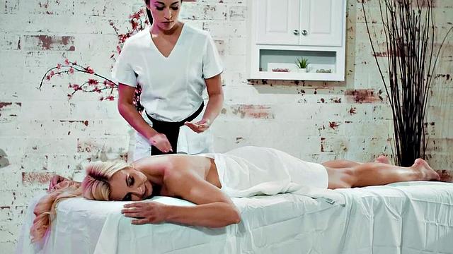 Watch this bald-headed babe massage her girlfriend before devouring her tight pussy