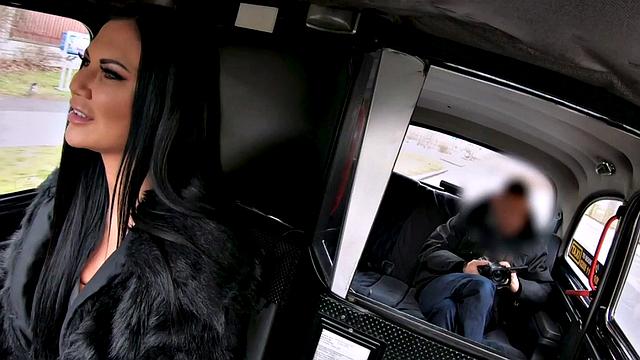 Black-haired busty cabbie stuffed in missionary pose