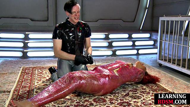 Wrapped babe dominated by master