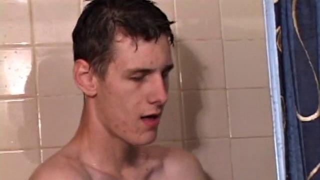 This hot solo scene starts with young Skylerr stroking in the shower and needing anal stimulation for climax