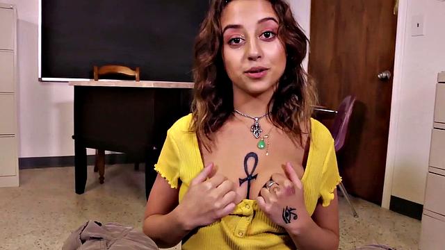 Kinky tattooed babe with big tits teases and masturbates in classroom with a handjob and butt plug