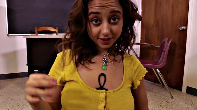 Kinky tattooed babe with big tits teases and masturbates in classroom with a handjob and butt plug