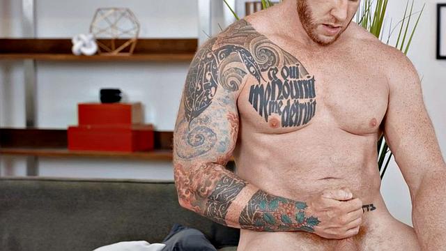 Eager tattooed muscled solo jock wanks and cums