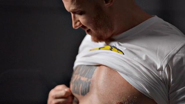 Eager tattooed muscled solo jock wanks and cums