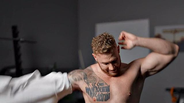 Eager tattooed muscled solo jock wanks and cums