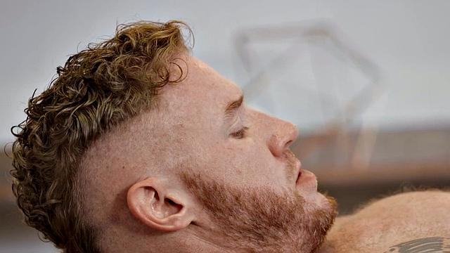 Eager tattooed muscled solo jock wanks and cums