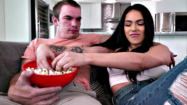 Brunette MILF gets double-stuffed by two hung studs in the living room